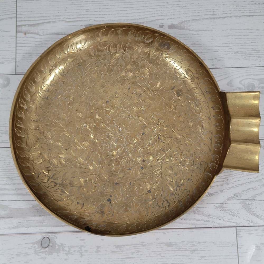 Vintage Etched Brass Ashtray Large Floral Round Catchall Trinket Dish